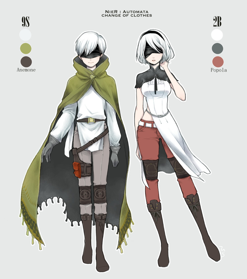 1boy 1girl android anemone_(nier_automata) anemone_(nier_automata)_cosplay belt blindfold boots breasts character_name cloak color_palette cosplay english gloves grey_background knee_boots knee_pads midriff mole mole_under_mouth nier_(series) nier_automata pale_skin pants popola popola_(cosplay) short_hair smile standing text thigh_strap white_hair yorha_no._2_type_b yorha_no._9_type_s