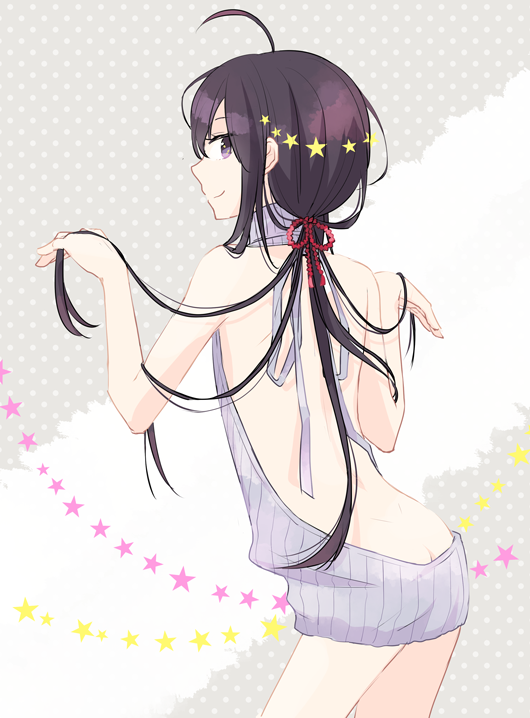 1boy ahoge ass backless_outfit bare_arms bare_back bare_shoulders black_hair butt_crack closed_mouth cowboy_shot dress from_behind hair_ornament halterneck long_hair looking_back low_ponytail male_focus meme_attire namazuo_toushirou ponytail profile ritsu_(iqpi) sidelocks sleeveless sleeveless_turtleneck smile solo standing star star_hair_ornament sweater sweater_dress touken_ranbu turtleneck turtleneck_sweater very_long_hair violet_eyes virgin_killer_sweater w_arms