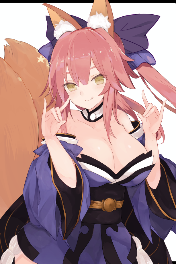 1girl :q animal_ears bangs bare_shoulders blue_kimono breasts cleavage closed_mouth detached_collar detached_sleeves fate/extra fate_(series) fox_ears fox_girl fox_shadow_puppet hair_between_eyes huuyu_1z japanese_clothes kimono kimono_skirt kyuubi large_breasts letterboxed long_hair looking_at_viewer multiple_tails pink_hair smile solo tail tamamo_(fate)_(all) tamamo_no_mae_(fate) tongue tongue_out upper_body yellow_eyes