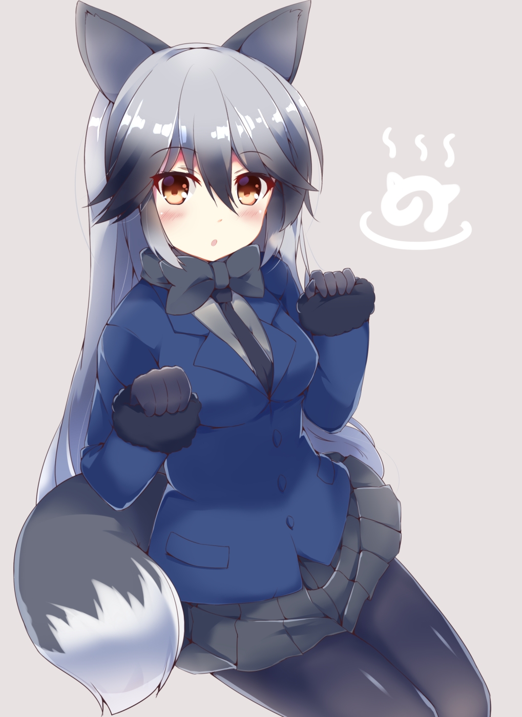 1girl :o animal_ears bangs black_bow black_hair black_legwear black_necktie blazer blush bow breasts brown_eyes eyebrows_visible_through_hair fox_ears fox_girl fox_tail fuuna gradient_hair grey_background grey_hair grey_skirt hair_between_eyes hands_up highres jacket japari_symbol kemono_friends long_hair looking_at_viewer medium_breasts multicolored_hair necktie open_mouth pantyhose pleated_skirt silver_fox_(kemono_friends) simple_background sitting skirt solo tail two-tone_hair very_long_hair