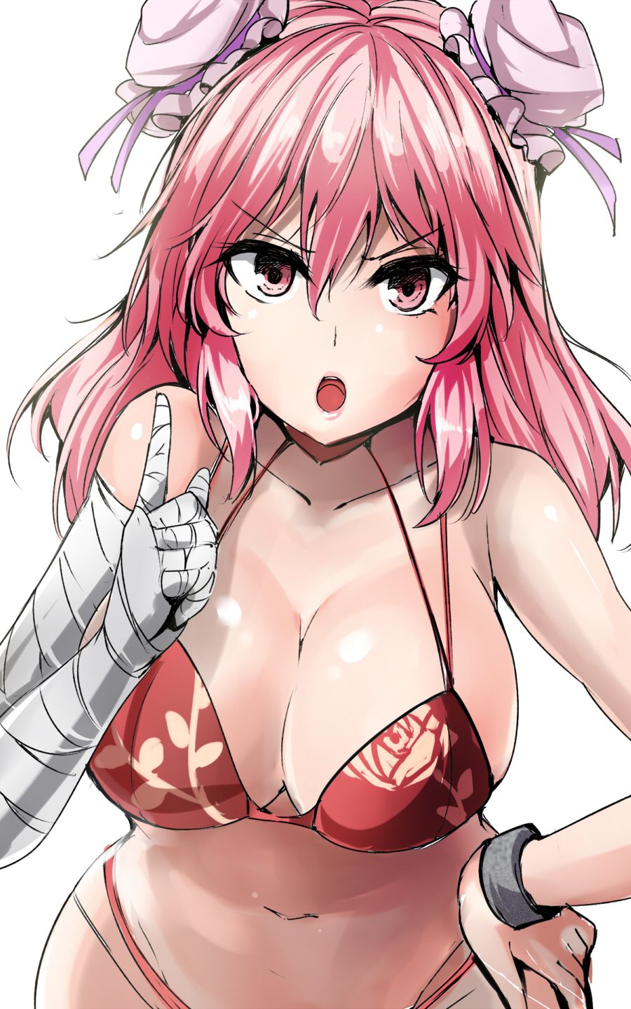 &gt;:o 1girl :o alternate_costume bandaged_arm bangs bare_shoulders bikini breasts bun_cover cleavage collarbone cuffs double_bun floral_print groin hair_between_eyes hair_bun halter_top halterneck hand_on_hip highres ibaraki_kasen index_finger_raised large_breasts leaning_forward looking_at_viewer navel open_mouth pink_eyes pink_hair print_bikini red_bikini scolding shackles solo stomach swimsuit touhou upper_body y2