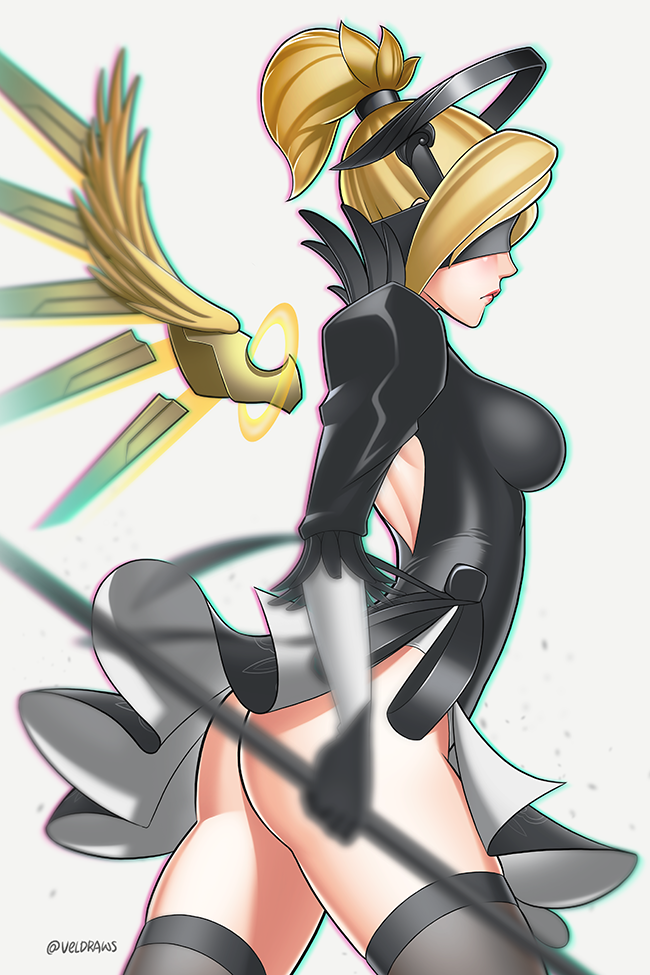 1girl black_dress black_gloves black_hairband blindfold commentary cosplay covered_eyes crossover dress feather-trimmed_sleeves gloves glowing glowing_wings hairband high_ponytail holding holding_staff juliet_sleeves leotard long_sleeves mechanical_wings mercy_(overwatch) nier_(series) nier_automata overwatch puffy_sleeves spread_wings staff vambraces velladonna white_leotard wings yellow_wings yorha_no._2_type_b yorha_no._2_type_b_(cosplay)