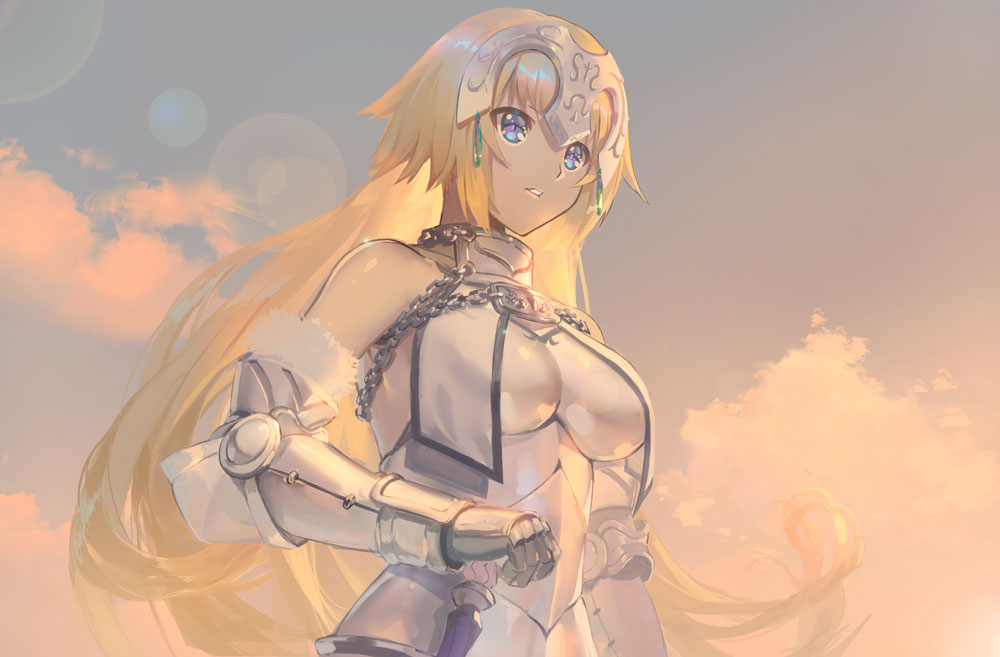 1girl aguy armor blue_eyes breasts chains clouds cowter fate/apocrypha fate_(series) faulds fur_trim gauntlets gorget hand_on_hilt lens_flare lips long_hair outdoors ruler_(fate/apocrypha) sky solo