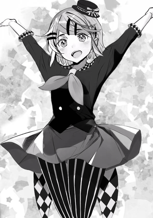 1girl arms_up blush bow breasts checkered coattails hair_ornament hairclip happy hat kagamine_rin looking_at_viewer monochrome open_mouth project_diva_(series) sailor_collar short_hair simple_background skirt smile solo sparkling_eyes standing star starry_background striped striped_legwear vertical-striped_legwear vertical_stripes vocaloid