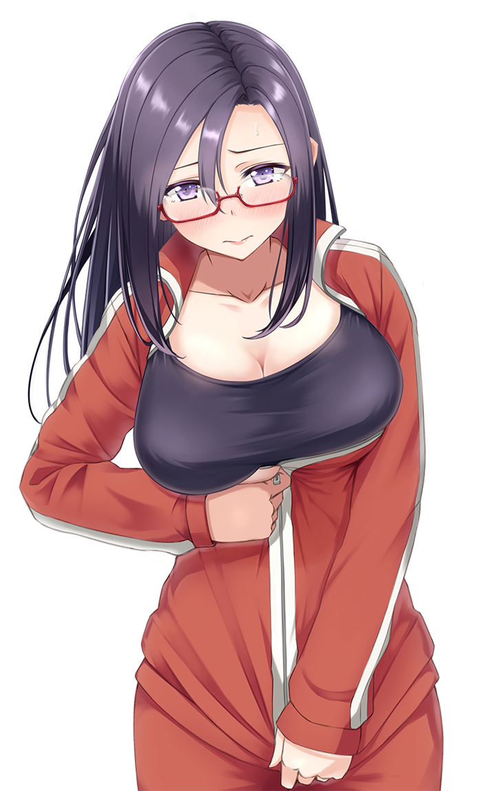 1girl black_hair blush breasts cleavage collarbone commentary_request cowboy_shot demi-chan_wa_kataritai flying_sweatdrops glasses hair_between_eyes inconvenient_breasts jacket large_breasts long_hair long_sleeves pants r_choko red-framed_eyewear satou_sakie semi-rimless_glasses solo track_jacket track_pants under-rim_glasses violet_eyes zipper