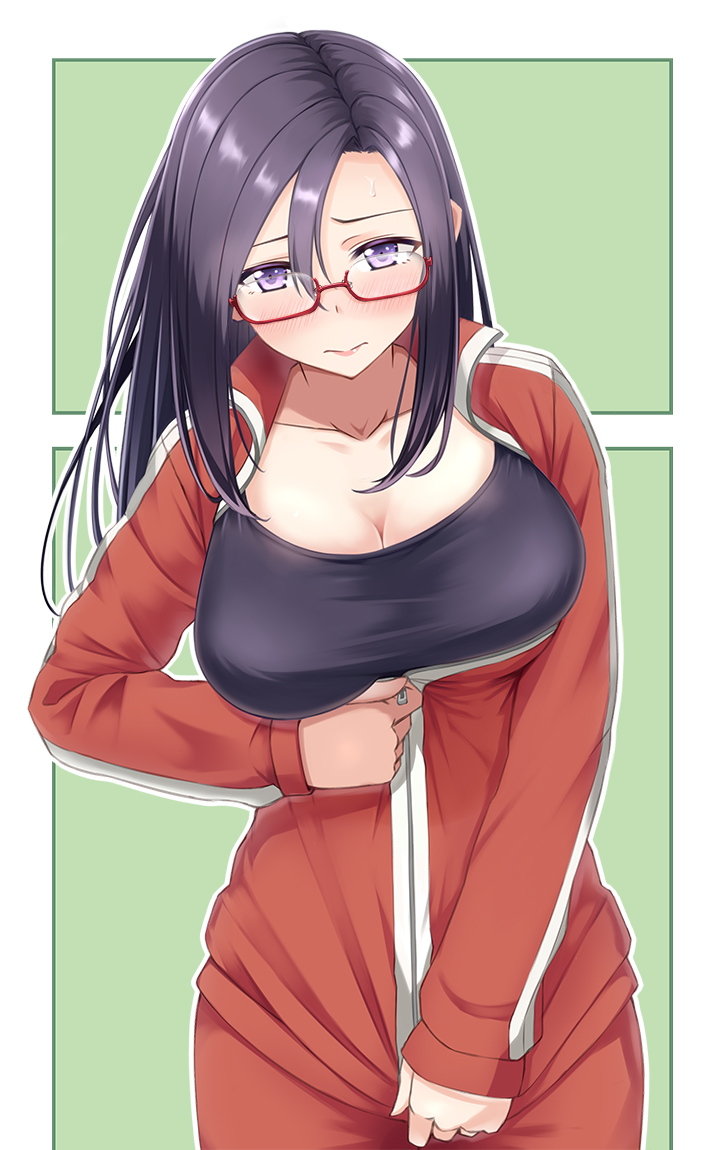 1girl black_hair blush breasts cleavage collarbone commentary_request cowboy_shot demi-chan_wa_kataritai flying_sweatdrops glasses hair_between_eyes inconvenient_breasts jacket large_breasts long_hair long_sleeves pants r_choko red-framed_eyewear revision satou_sakie semi-rimless_glasses solo track_jacket track_pants under-rim_glasses violet_eyes zipper