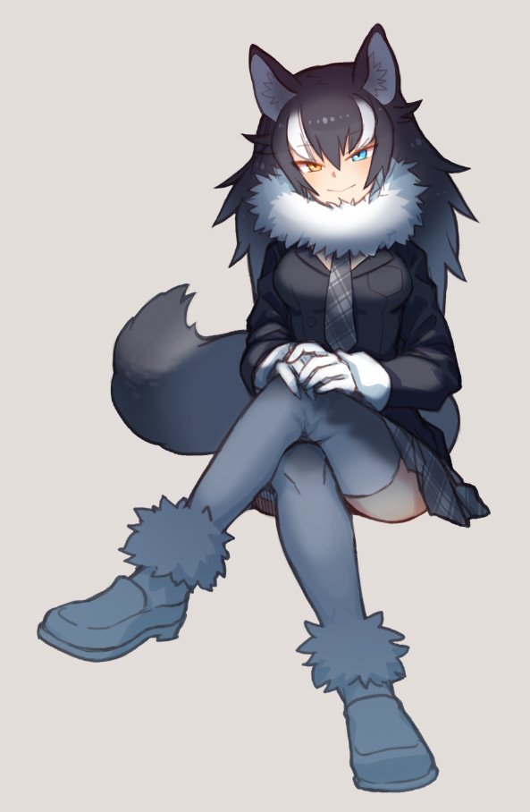 1girl :&gt; animal_ears beige_background black_hair black_jacket blazer blue_eyes breast_pocket breasts buttons collar commentary eyebrows_visible_through_hair full_body fur_collar gloves grey_legwear grey_shoes grey_wolf_(kemono_friends) hands_on_own_knee heterochromia invisible_chair jacket kemono_friends large_breasts legs_crossed loafers long_hair long_sleeves looking_at_viewer multicolored_hair necktie own_hands_together plaid plaid_necktie plaid_skirt pleated_skirt pocket shoes simple_background sitting skirt smile solo tail thigh-highs tsurime two-tone_hair wavy_hair white_gloves white_hair wolf_ears wolf_tail yarerubabaa yellow_eyes