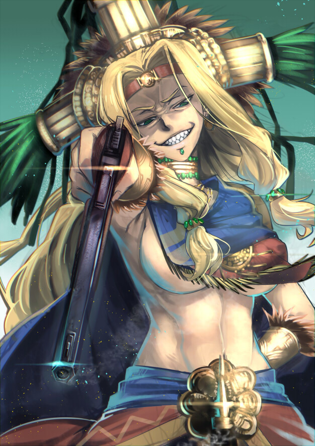 &gt;:d 1girl :d abs aiming_at_viewer blonde_hair bracer breasts cape circlet evil_smile fate/grand_order fate_(series) glint green_eyes gun headdress hijiri holding holding_gun holding_weapon jewelry large_breasts long_hair midriff navel open_mouth quetzalcoatl_(fate/grand_order) sharp_teeth smile smoke_trail solo teeth under_boob weapon