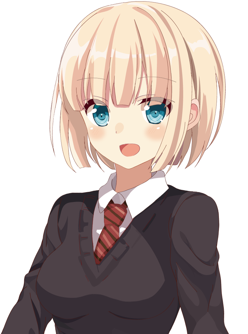 1girl :d aqua_eyes blonde_hair looking_at_viewer necktie open_mouth original red_necktie satsuki_yuni school_uniform short_hair smile solo striped striped_necktie white_background