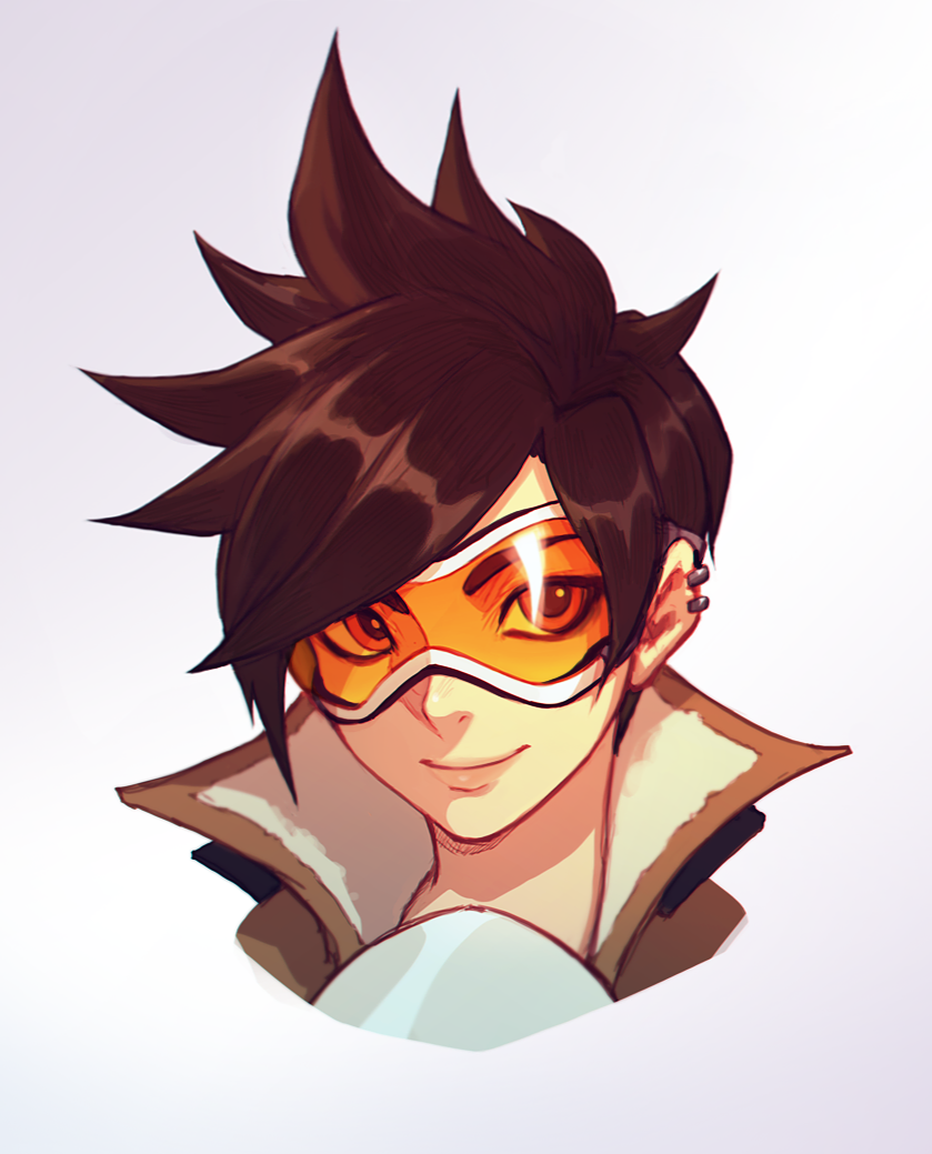 1girl brown_hair face goggles liyart overwatch revision short_hair smile solo spiky_hair tracer_(overwatch)