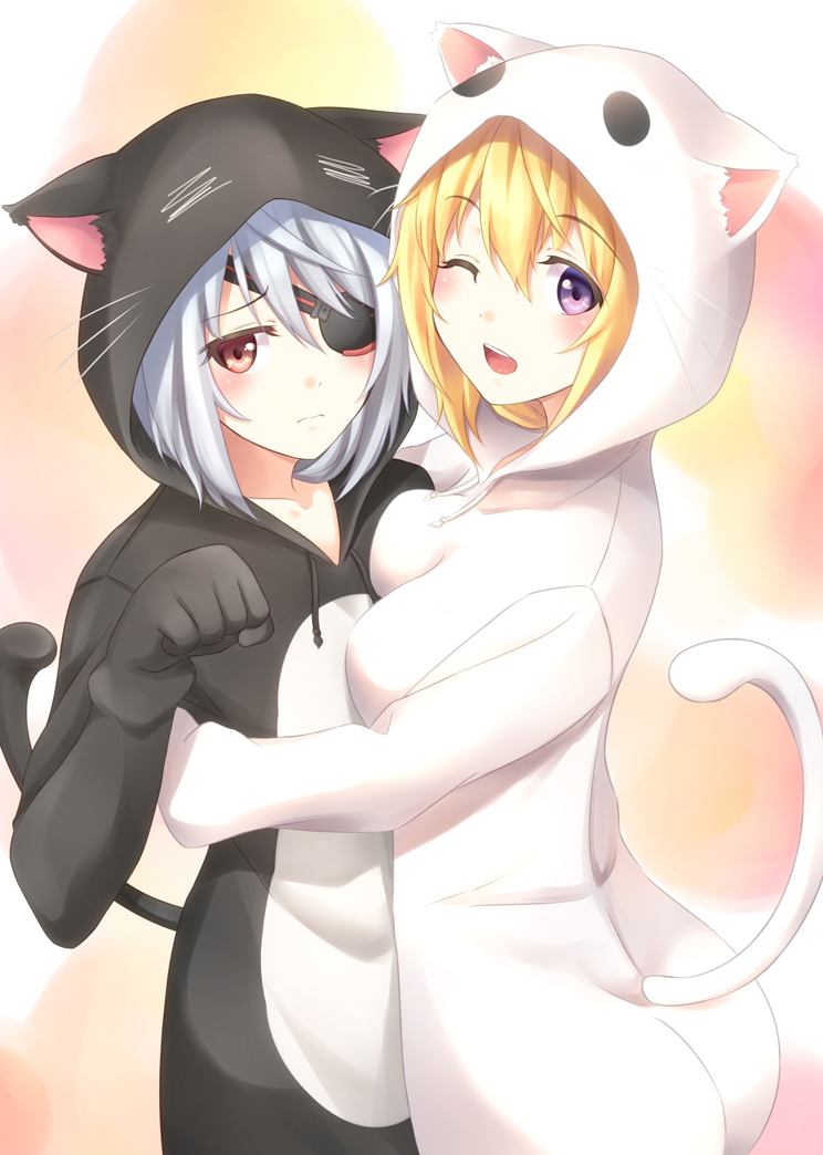 2girls animal_costume animal_ears aoi_usagi blonde_hair blush cat_ears cat_tail charlotte_dunois eye_contact hood hoodie infinite_stratos laura_bodewig looking_at_another looking_at_viewer multiple_girls open_mouth paw_pose red_eyes revision tail