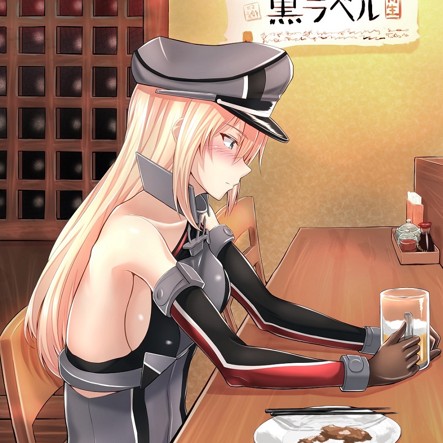 1girl alcohol anchor beer beer_mug bismarck_(kantai_collection) blonde_hair blue_eyes blush chest_plate chopsticks cup detached_sleeves food gloves hat kantai_collection long_hair matsunaga_garana mug peaked_cap plate restaurant sitting solo table uniform