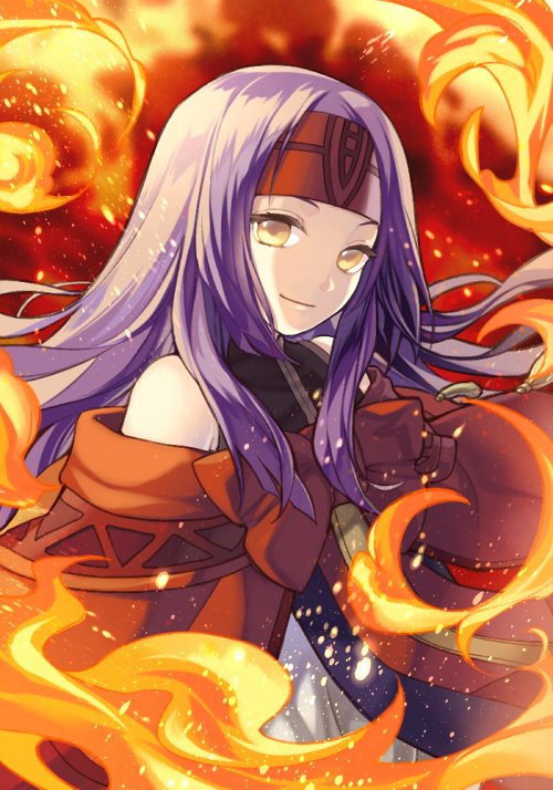 1girl fire fire_emblem fire_emblem:_akatsuki_no_megami fire_emblem:_souen_no_kiseki headband kiyuu long_hair looking_at_viewer purple_hair sanaki_kirsch_altina smile solo solo_focus
