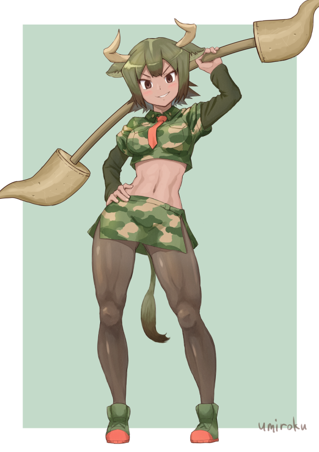 1girl animal_ears artist_name aurochs_(kemono_friends) boots brown_hair camouflage camouflage_shirt commentary_request dark_skin horn_lance horns kemono_friends midriff necktie pantyhose polearm revision short_sleeves signature simple_background smile solo tail toned weapon yukiroku