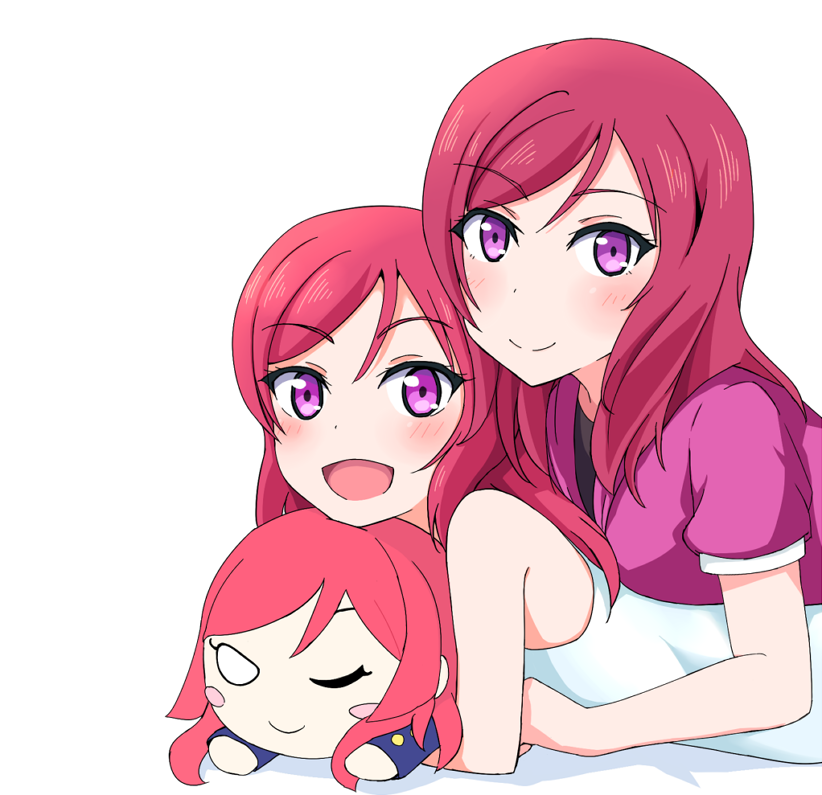 1girl :d blush character_doll commentary_request denshinbashira_(bashirajio!) eyebrows_visible_through_hair long_hair looking_at_viewer love_live! love_live!_school_idol_project lying multiple_views nishikino_maki on_stomach open_mouth redhead short_sleeves simple_background sleeveless smile violet_eyes