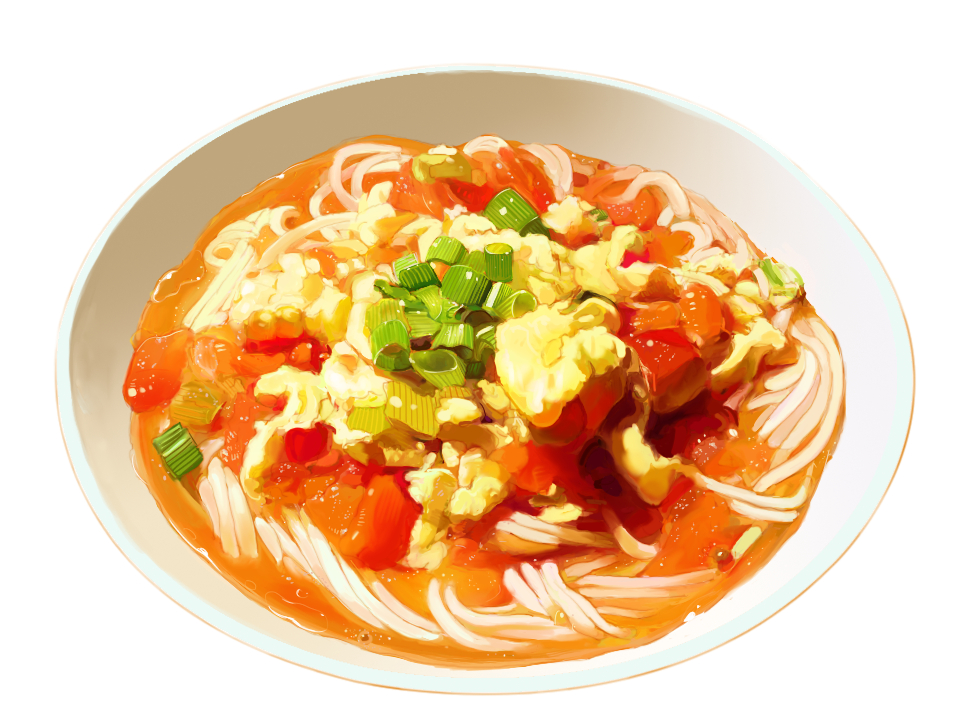 artist_request bowl commentary_request egg food no_humans noodles ramen scrambled_egg simple_background tomato white_background