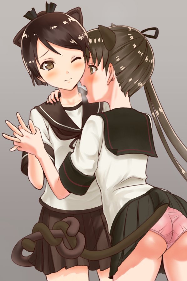 2girls animal_ears ayanami_(kantai_collection) blush brown_eyes brown_hair cat_ears cat_tail hair_ribbon heavy_breathing kantai_collection kujira_naoto long_hair multiple_girls open_mouth panties pink_panties ponytail ribbon school_uniform serafuku shikinami_(kantai_collection) side_ponytail skirt tail tail_wrap underwear yuri