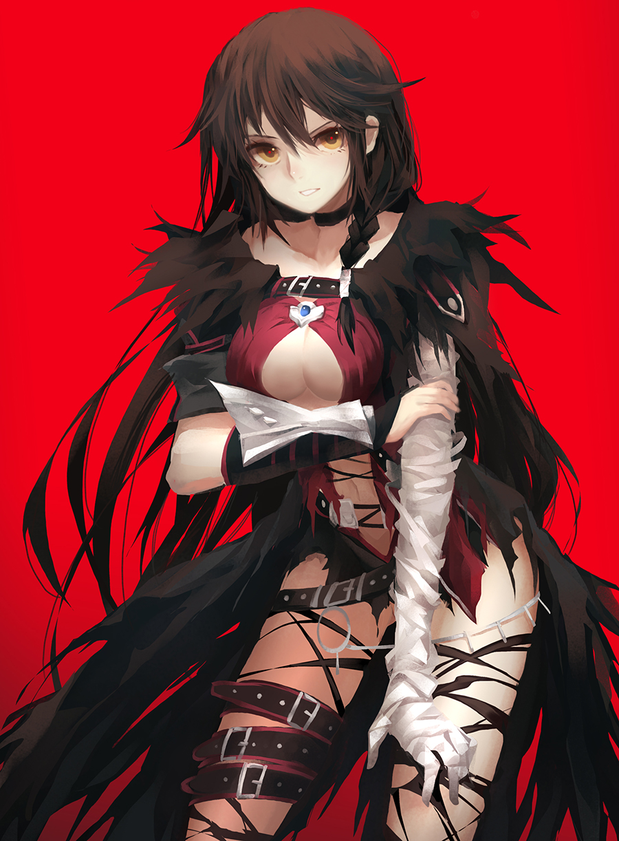 1girl asymmetrical_clothes bandage belt black_choker black_hair braid breasts brown_eyes cape choker collarbone gluteal_fold highres leaning_forward long_hair red_background revision shorts simple_background solo tales_of_(series) tales_of_berseria torn_clothes under_boob vambraces velvet_crowe zen_o