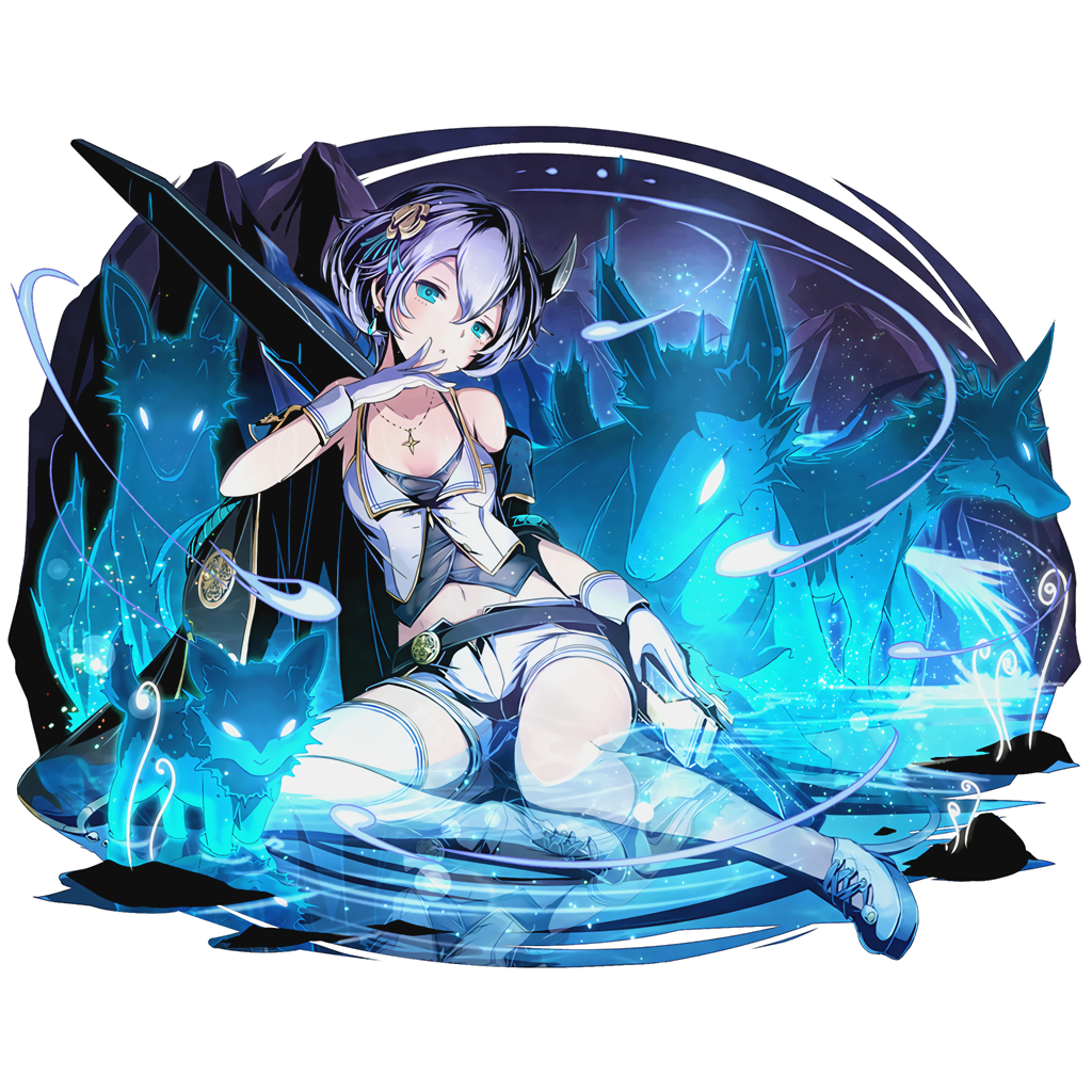 1girl asymmetrical_legwear bare_shoulders blue_eyes breasts cleavage collarbone divine_gate full_body gloves groin hair_between_eyes hair_ornament head_tilt horn jewelry looking_at_viewer navel necklace off_shoulder official_art short_hair shorts silver_hair small_breasts solo sword thigh-highs transparent_background ucmm water weapon white_gloves white_legwear white_shorts