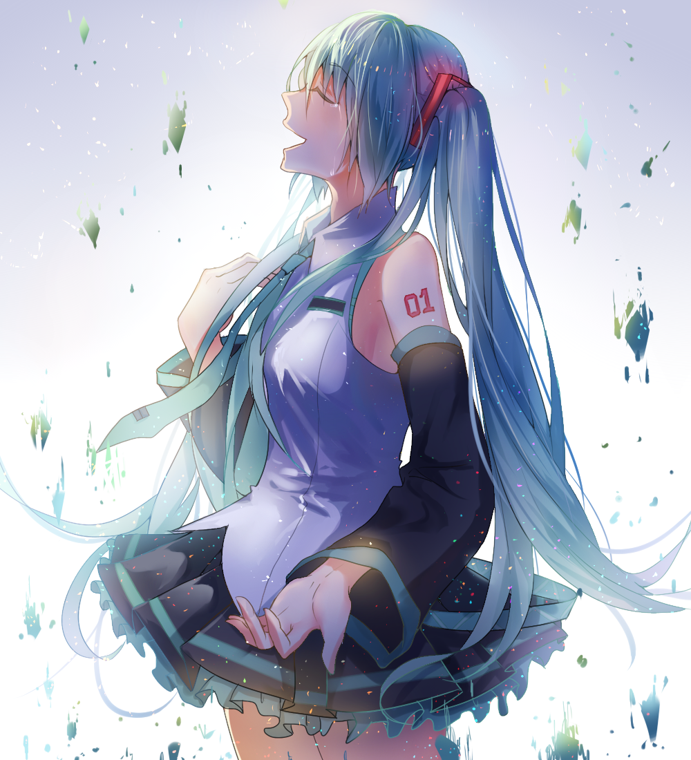1girl aqua_hair closed_eyes collared_shirt cowboy_shot detached_sleeves from_side hand_on_own_chest hatsune_miku long_hair music necktie pleated_skirt plipa shards shirt singing skirt solo tears twintails very_long_hair vocaloid