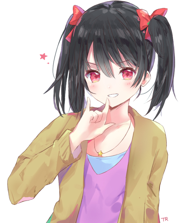 1girl artist_name bangs black_hair blush cardigan eyebrows_visible_through_hair hair_between_eyes hand_up jewelry looking_at_viewer love_live! love_live!_school_idol_project necklace nico_nico_nii open_cardigan open_clothes parted_lips purple_shirt red_eyes shirt signature simple_background smile solo star star_necklace tr_(kangtw123) twintails v-neck white_background yazawa_nico