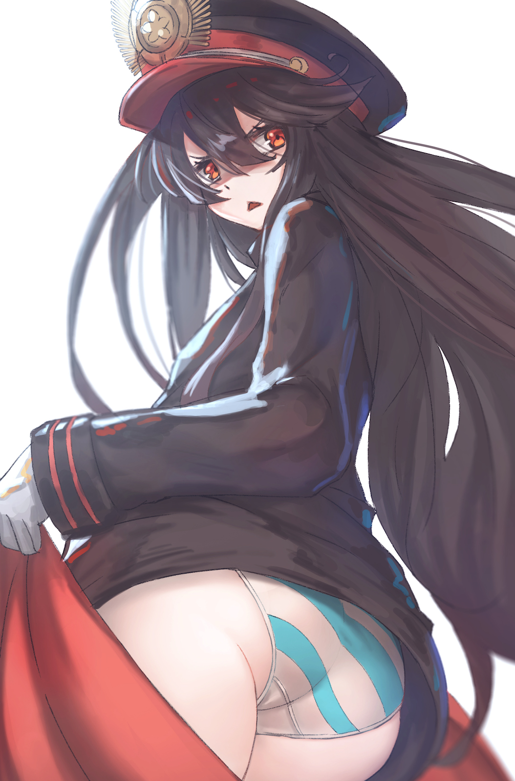 1girl asarokuji ass black_hair cape commentary_request cowboy_shot demon_archer fate/grand_order fate_(series) from_behind gloves hat highres japanese_clothes koha-ace long_hair looking_at_viewer looking_back military military_uniform no_pants open_mouth panties red_eyes simple_background solo striped striped_panties triangle_mouth underwear uniform white_background