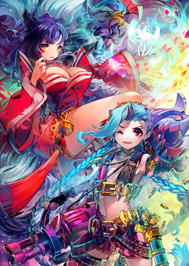 2girls ahri animal_ears bare_shoulders black_hair blue_hair braid breasts bullet cleavage detached_sleeves energy_ball facial_mark fingerless_gloves fox_ears fox_tail fumo gloves jewelry jinx_(league_of_legends) korean_clothes large_breasts league_of_legends lips long_hair looking_at_viewer multiple_girls multiple_tails nail_polish navel necklace one_eye_closed pink_eyes slit_pupils small_breasts smile tail thigh-highs twin_braids very_long_hair weapon whisker_markings yellow_eyes