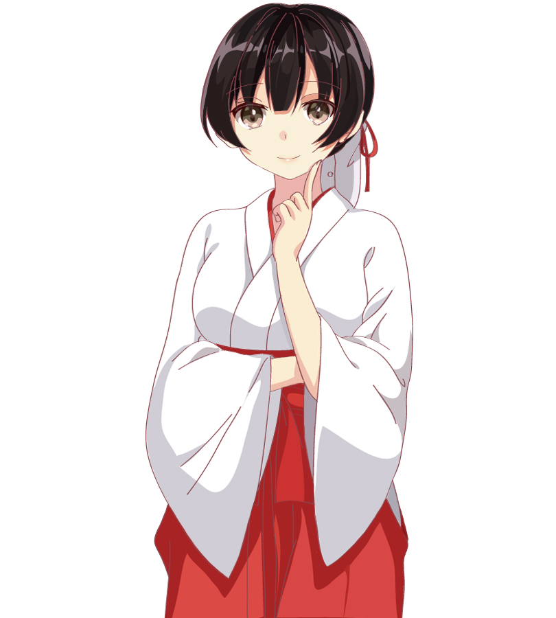 1girl black_hair brown_eyes finger_to_cheek hair_ribbon hakama japanese_clothes looking_at_viewer miko original red_skirt ribbon satsuki_yuni short_hair skirt smile solo white_background wide_sleeves