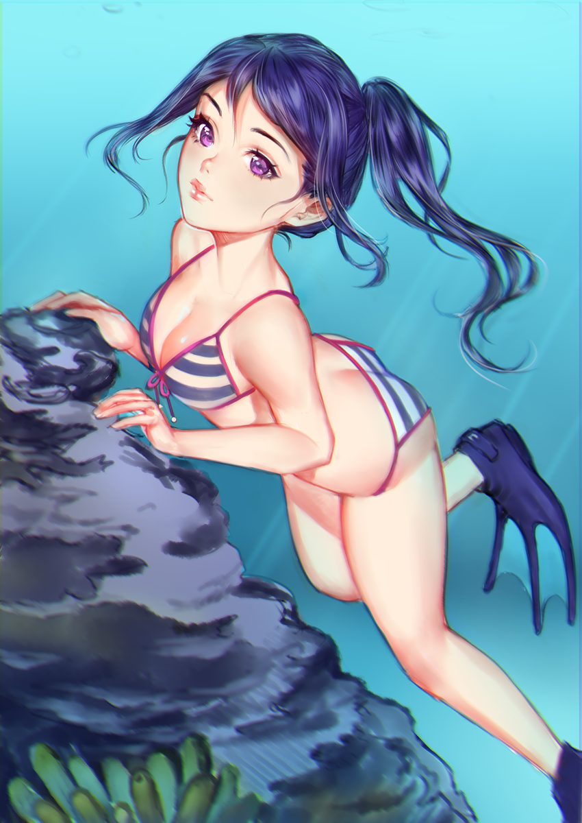 1girl ariatsuki bikini blue_hair breasts cleavage fins highres long_hair love_live! love_live!_sunshine!! matsuura_kanan ponytail rock solo striped striped_bikini swimsuit underwater violet_eyes