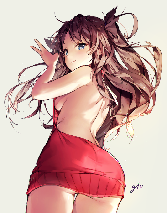 1girl artist_name ass backless_outfit bangs bare_back bare_shoulders breasts brown_hair closed_mouth cowboy_shot drawstring dress eyebrows_visible_through_hair fate/stay_night fate_(series) female_ass floating_hair from_behind gio_(maroon0924) grey_background halterneck hand_up long_hair looking_at_viewer looking_back meme_attire naked_sweater no_bra no_panties open-back_dress parted_bangs ribbed_sweater sideboob signature simple_background smile solo sweater sweater_dress thighs tohsaka_rin turtleneck turtleneck_sweater two_side_up v virgin_killer_sweater wavy_hair