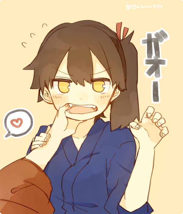 2girls akagi_(kantai_collection) arm_grab blush brown_eyes collarbone commentary fangs flying_sweatdrops hair_between_eyes hair_ribbon heart ina_(1813576) japanese_clothes kaga_(kantai_collection) kantai_collection kimono long_hair looking_at_viewer multiple_girls open_mouth red_ribbon ribbon round_teeth side_ponytail simple_background spoken_heart teeth twitter_username