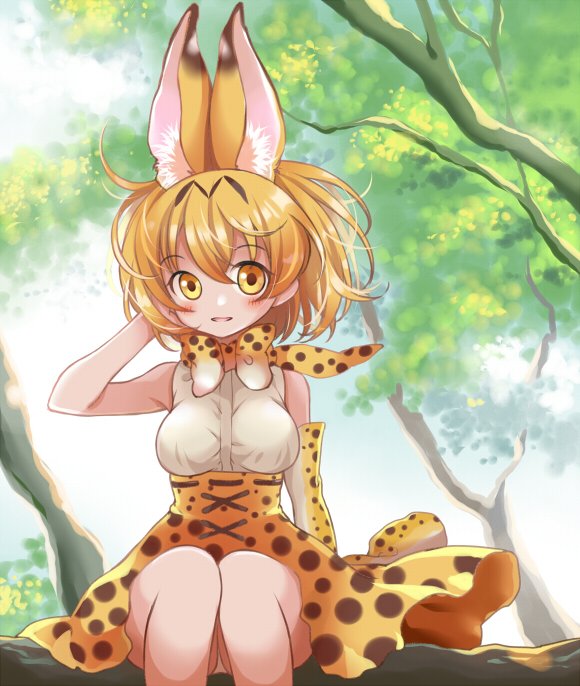 1girl :d animal_ears arm_at_side bare_shoulders blue_sky blush bow bowtie breasts cat_ears cross-laced_clothes elbow_gloves eyebrows_visible_through_hair gloves gloves_removed hair_between_eyes hand_in_hair hand_up holding_glove in_tree kawanobe kemono_friends knees_together_feet_apart large_breasts looking_at_viewer nature no_legwear open_mouth orange_eyes orange_hair outdoors serval_(kemono_friends) serval_ears serval_print shirt short_hair single_glove sitting sitting_in_tree skirt sky sleeveless sleeveless_shirt smile solo tareme tree white_shirt wind