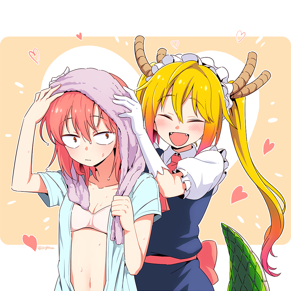 2girls :/ :d ^_^ artist_name blonde_hair blue_shirt blush bra closed_eyes closed_mouth collarbone constricted_pupils dragon_girl dragon_horns dragon_tail drying_hair eyebrows_visible_through_hair fangs frilled_sleeves frills gloves gradient_hair hair_between_eyes hair_down head_tilt heart holding_towel horns kobayashi-san_chi_no_maidragon kobayashi_(maidragon) long_hair multicolored_hair multiple_girls nightea open_clothes open_mouth open_shirt orange_hair pink_bra pink_hair puffy_short_sleeves puffy_sleeves redhead shirt short_sleeves smile tail tooru_(maidragon) towel towel_on_head twintails twitter_username underwear very_long_hair wet white_gloves