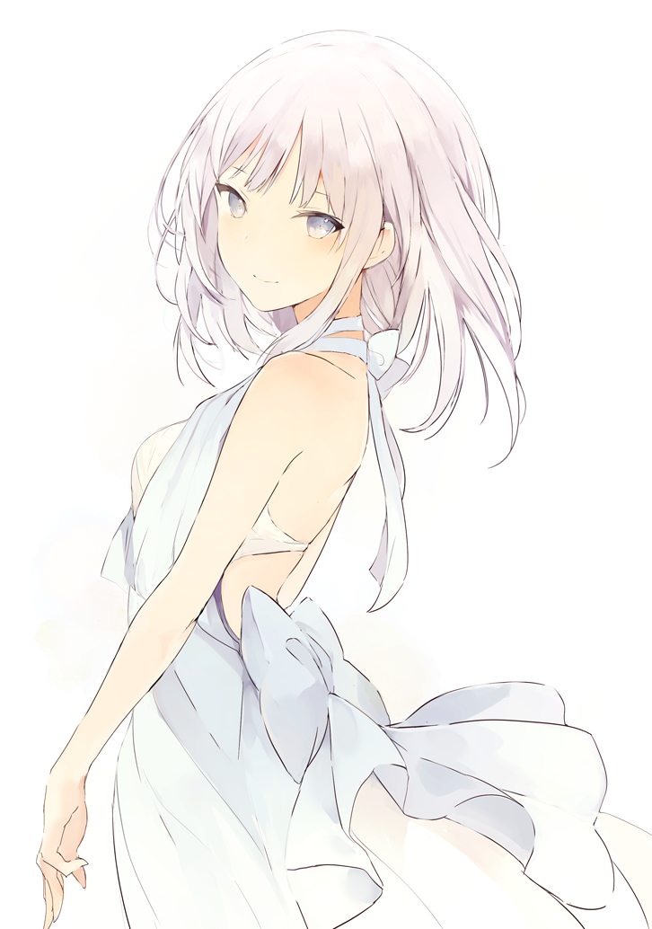 1girl bangs blush breasts closed_mouth dress eyebrows_visible_through_hair from_side grey_eyes light_smile looking_at_viewer lpip medium_breasts original simple_background smile solo white_background white_dress white_hair