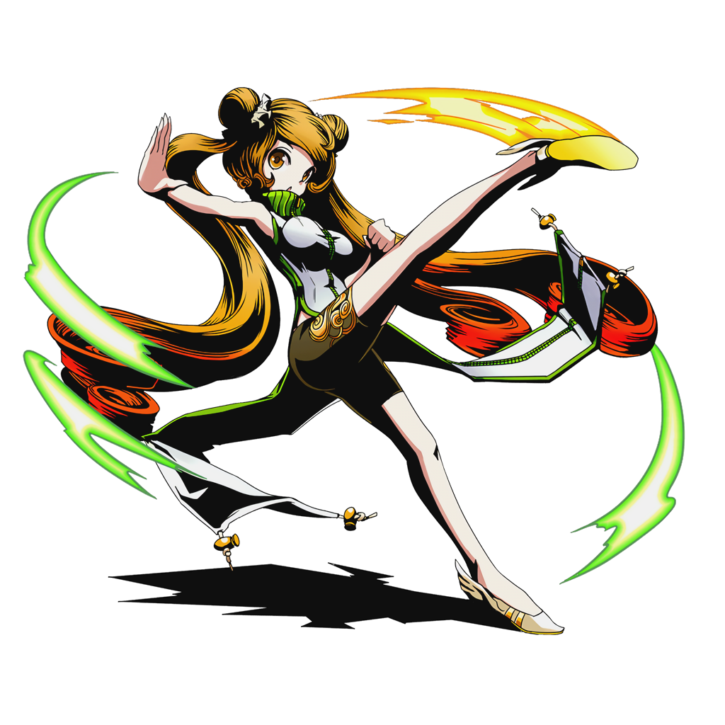 1girl absurdly_long_hair black_shorts brown_eyes brown_hair divine_gate full_body hair_ornament hair_scrunchie leg_up long_hair looking_at_viewer multicolored_hair official_art redhead scrunchie shadow shorts sleeveless solo tabard transparent_background twintails two-tone_hair ucmm very_long_hair