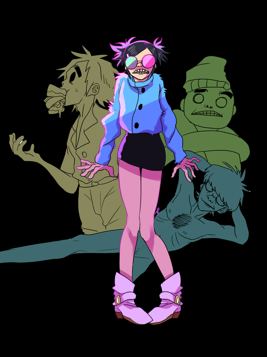 1girl 3boys arms_behind_head artist_request bangs black_hair black_skirt boots chest_hair clenched_teeth flat_color food_in_mouth fur_jacket gorillaz hair_ornament hairclip highres long_sleeves looking_at_viewer looking_to_the_side miniskirt multiple_boys murdoc_niccals nipples no_pupils noodle_(gorillaz) nude open_mouth parted_bangs russel_hobbs scared short_twintails skirt skull_cap stuart_pot stuffed sunglasses sweatdrop teeth trembling twintails white_boots