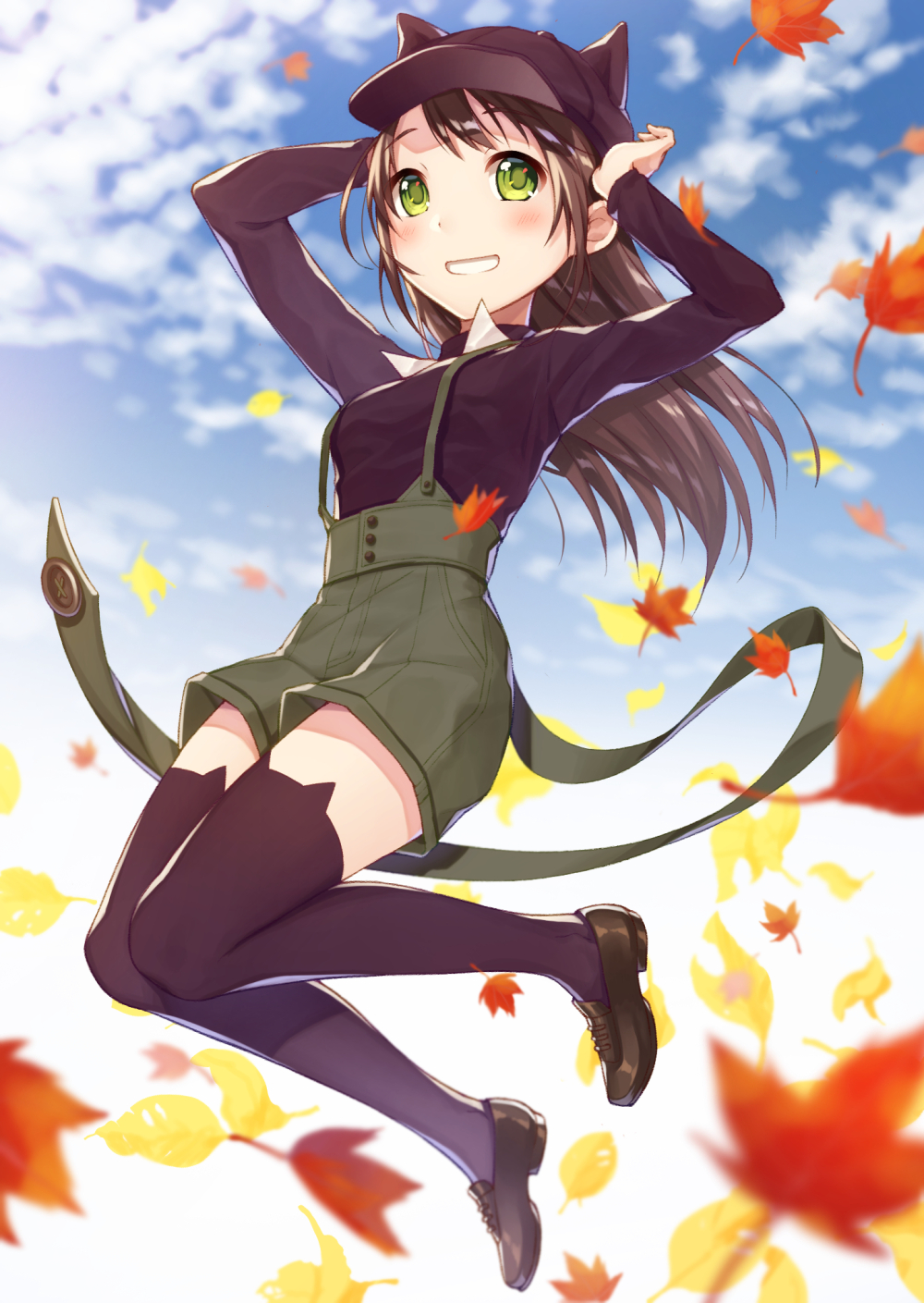 1girl animal_ears animal_hat autumn_leaves bangs black_shirt blue_sky blurry blush brown_hair cabbie_hat cat_ears cat_hat clouds cloudy_sky depth_of_field floating_hair full_body green_eyes green_shorts grin hat highres knees_together_feet_apart leaf long_hair long_sleeves looking_up maple_leaf original outdoors overalls parted_lips shirt short_shorts shorts sky smile solo suspender_shorts suspenders thigh-highs warabimochi_kinako