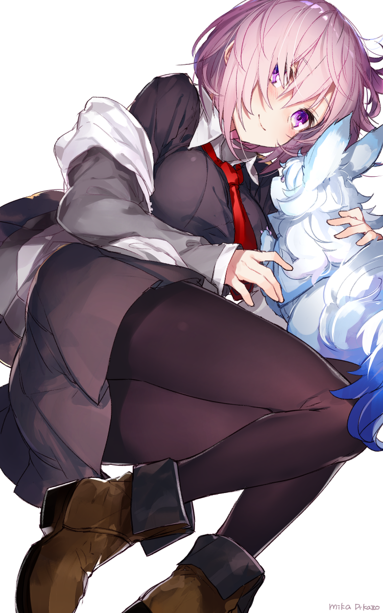 1girl artist_name black_legwear boots breasts collared_shirt fate/grand_order fate_(series) fou_(fate/grand_order) glasses glasses_removed hair_over_eyes highres jacket large_breasts looking_at_viewer lying mika_pika_zo necktie on_side pantyhose pleated_skirt purple_hair red_necktie revision shielder_(fate/grand_order) shirt skirt smile violet_eyes white_background