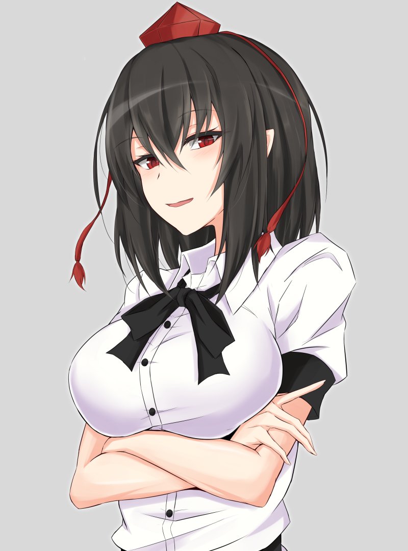 1girl bangs black_hair black_ribbon blush breast_hold breasts crossed_arms dress_shirt flower from_side hair_flower hair_ornament hat large_breasts looking_at_viewer looking_to_the_side neck_ribbon parted_lips piro_(iiiiiiiiii) pointy_ears puffy_short_sleeves puffy_sleeves red_eyes ribbon shameimaru_aya shirt short_sleeves smile solo tokin_hat touhou upper_body white_shirt