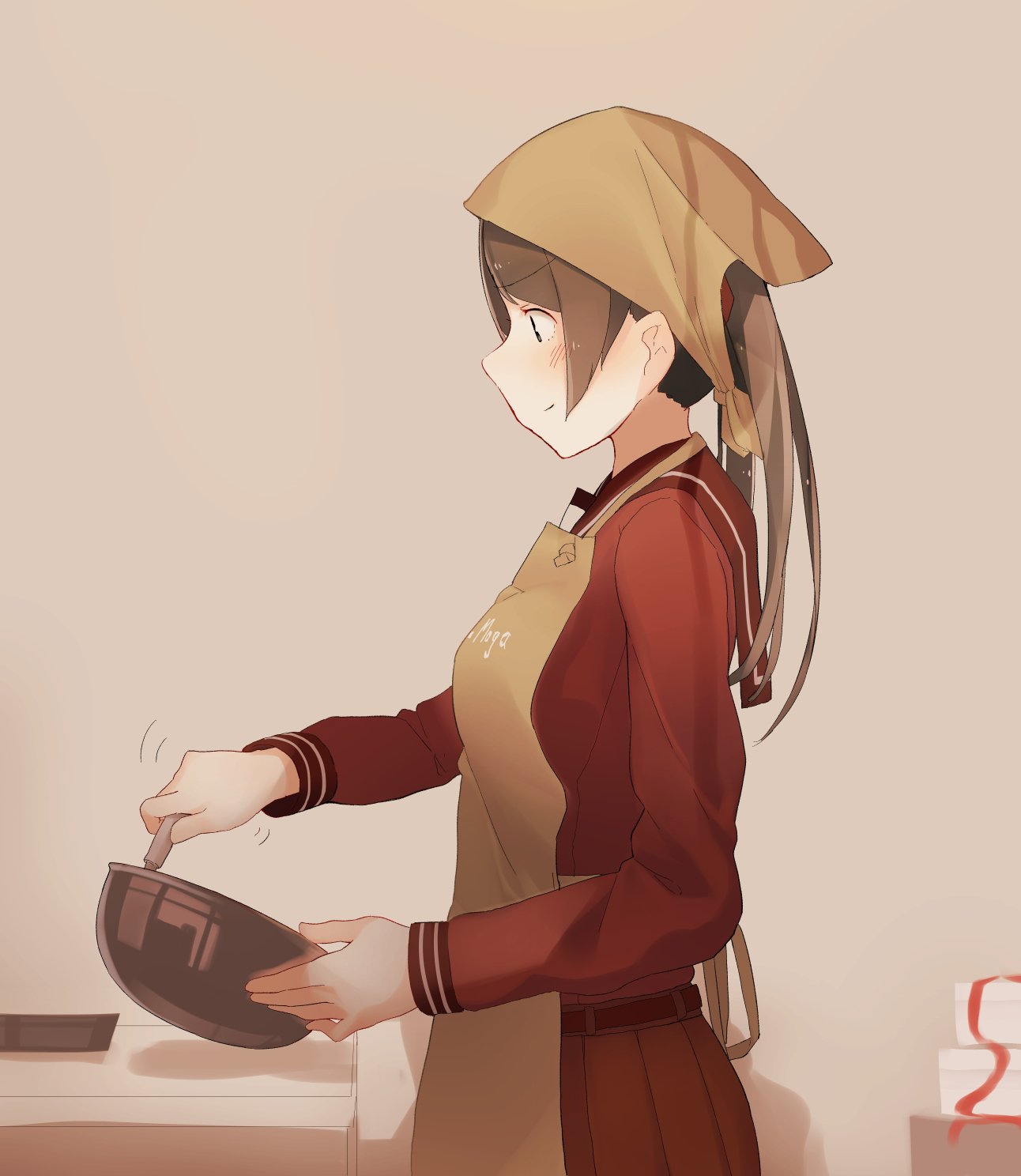 1girl apron belt black_eyes blush breasts brown_background brown_hair brown_skirt closed_mouth commentary_request cooking cowboy_shot from_side fuu_fuu highres holding kantai_collection long_hair long_sleeves medium_breasts mikuma_(kantai_collection) motion_lines pleated_skirt profile school_uniform serafuku simple_background skirt smile solo