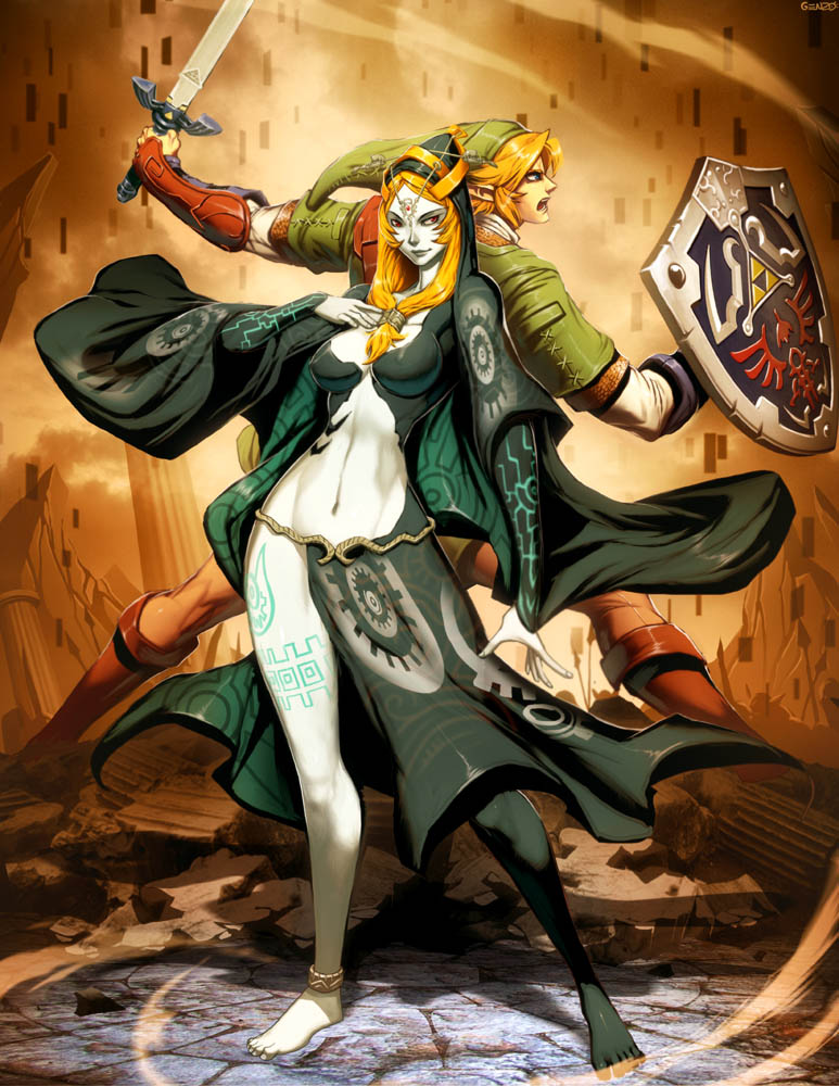 1boy 1girl back-to-back barefoot blonde_hair blue_eyes front_ponytail genzoman hood link long_hair master_sword midna midna_(true) orange_hair pointy_ears revision shield slender spoilers sword the_legend_of_zelda the_legend_of_zelda:_twilight_princess weapon