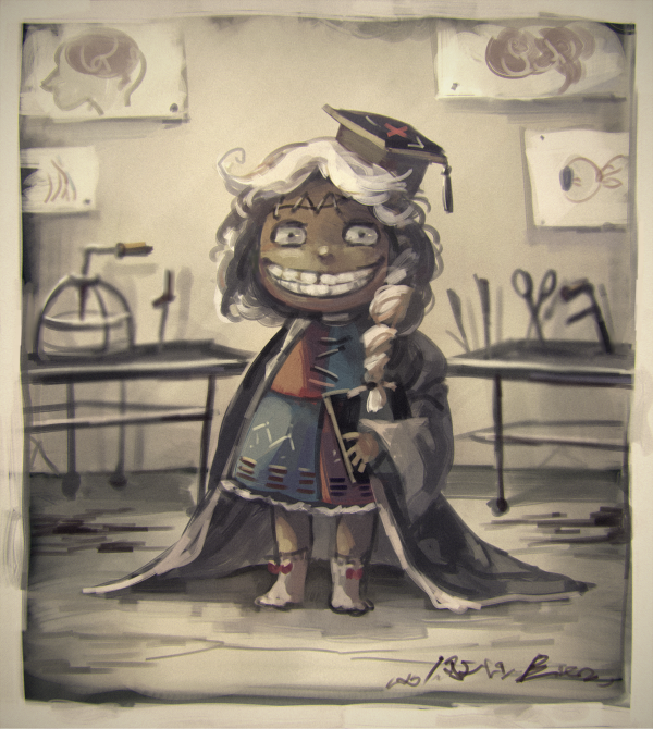 1girl :d book braid brain child commentary doctor eyes hat holding koto_inari labcoat long_hair messy_hair mortarboard nurse_cap open_mouth skirt smile solo stitches teeth touhou yagokoro_eirin