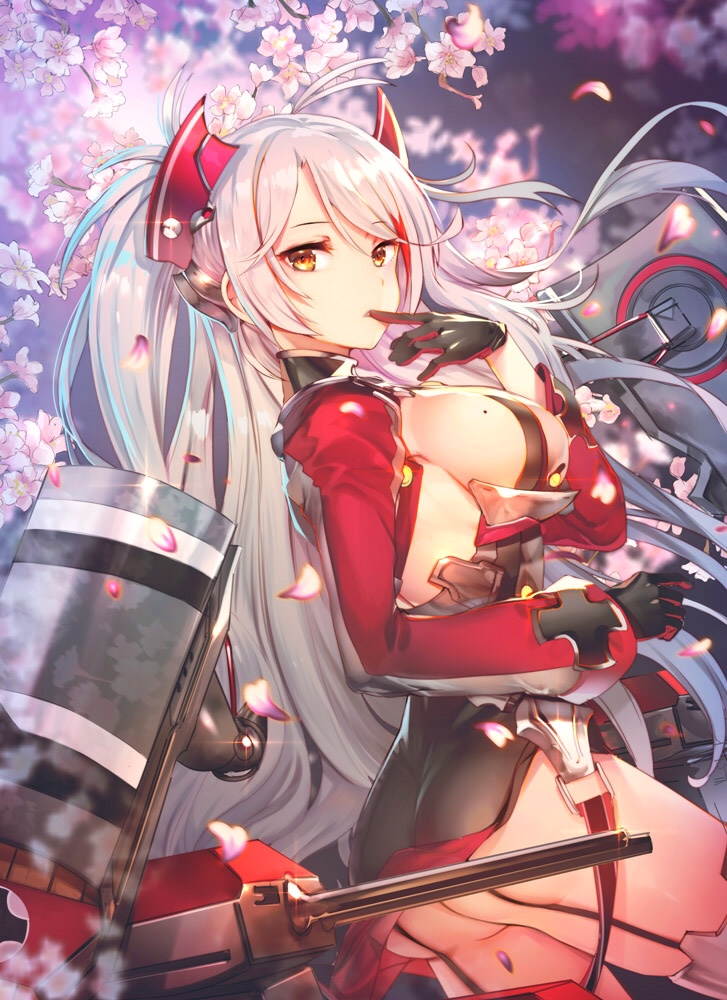 1girl antenna_hair ass azur_lane bangs black_dress black_gloves blurry breasts brown_eyes cherry_blossoms contrapposto cowboy_shot depth_of_field dress dutch_angle eyebrows_visible_through_hair finger_to_mouth flower from_side garter_straps glint gloves hair_ornament headgear iron_cross khanshin large_breasts long_hair long_sleeves looking_at_viewer machinery mole mole_on_breast multicolored_hair no_panties outdoors parted_lips petals prinz_eugen_(azur_lane) redhead rigging short_dress sideboob silver_hair solo spring_(season) streaked_hair swept_bangs thigh-highs tree two_side_up underbust very_long_hair
