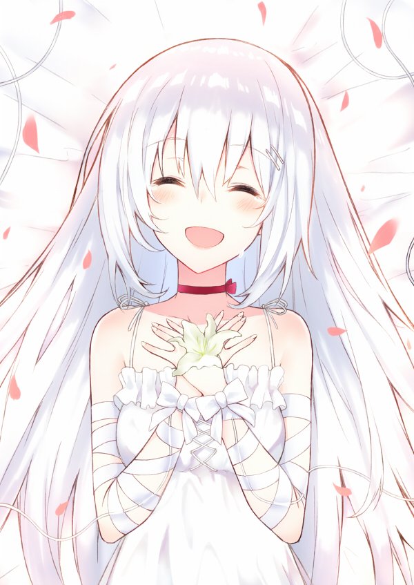 1girl ^_^ bandaged_arm bangs blush closed_eyes dress eyebrows_visible_through_hair facing_viewer hair_between_eyes hair_ornament hairclip hands_on_own_chest kurifuto long_hair neck_ribbon open_mouth original own_hands_together petals ribbon smile solo sundress tears upper_body white_dress white_hair