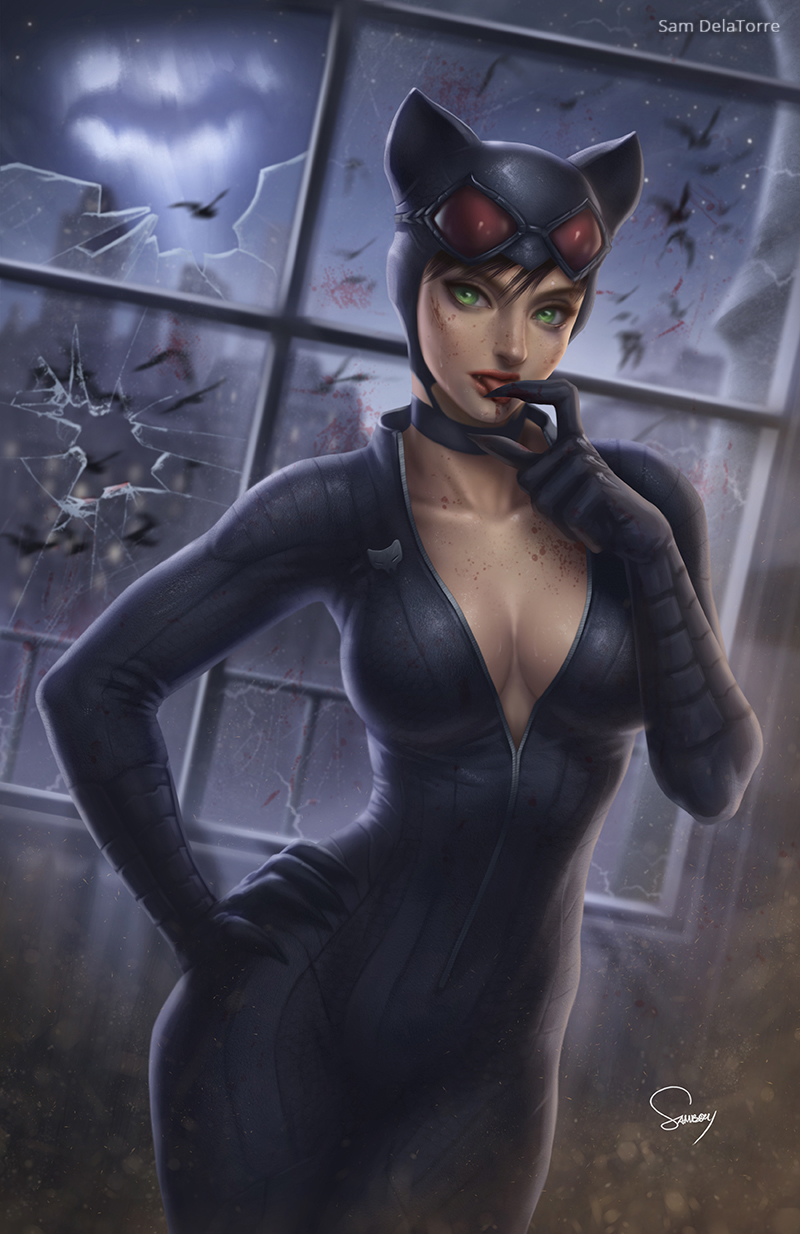 1girl animal_ears bat bat_signal batman_(series) bodysuit breasts brown_hair building cat_ears catwoman cleavage collarbone contrapposto cowboy_shot dc_comics fake_animal_ears goggles goggles_on_head green_eyes hand_on_hip highres large_breasts sam_delatore selina_kyle signature solo tongue tongue_out window