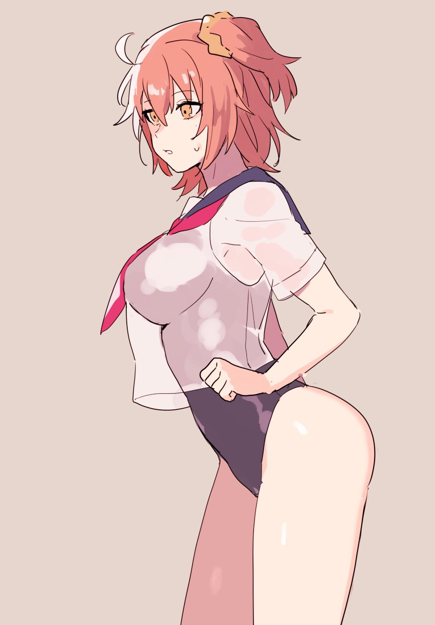 1girl 884 ahoge blush breasts clenched_hand crop_top crop_top_overhang fate/grand_order fate_(series) fujimaru_ritsuka_(female) hair_ornament hair_scrunchie highres large_breasts orange_hair parted_lips sailor_collar school_swimsuit scrunchie see-through_silhouette short_hair side_ponytail simple_background solo swimsuit yellow_eyes