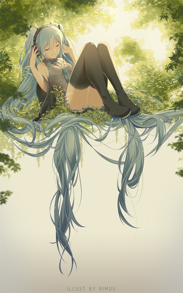 1girl absurdly_long_hair aqua_hair aqua_necktie artist_name backlighting bare_shoulders black_boots black_legwear black_skirt boots breasts cable closed_eyes closed_mouth collared_shirt detached_sleeves eyebrows eyebrows_visible_through_hair full_body grey_shirt hair_ornament hatsune_miku headphones knees_up leaning_back legs_together listening_to_music long_hair long_sleeves medium_breasts necktie plant revision rimuu shirt sitting skirt sleeveless sleeveless_shirt smile solo thigh-highs thigh_boots very_long_hair vocaloid wide_sleeves wing_collar