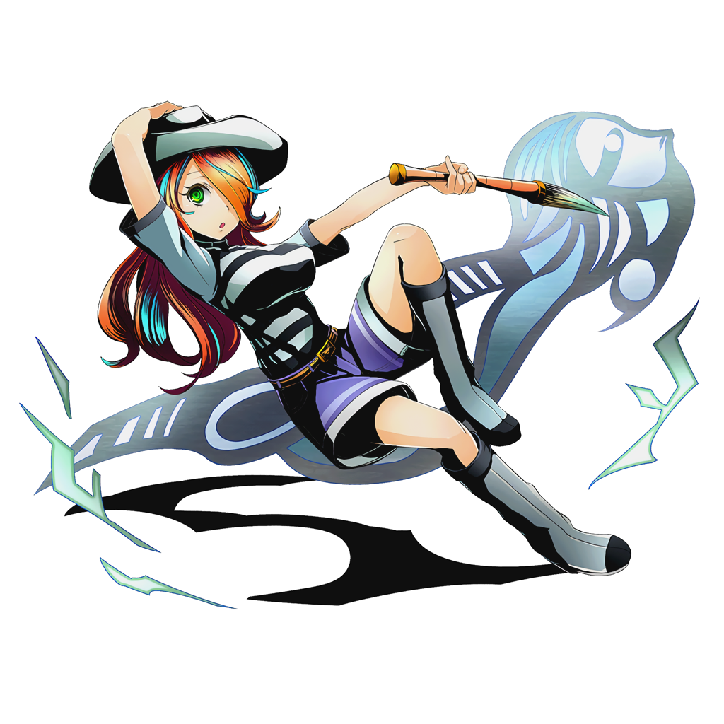 1girl belt blue_hair boots divine_gate full_body green_eyes grey_boots hair_over_one_eye hand_on_headwear hat holding knee_boots long_hair looking_at_viewer multicolored_hair official_art open_mouth orange_hair shadow shirt short_sleeves shorts solo striped striped_shirt transparent_background two-tone_hair ucmm white_hat