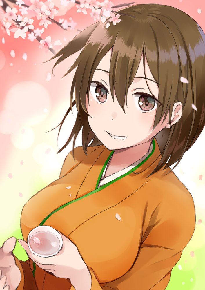 1girl alcohol breasts brown_eyes brown_hair cherry_blossoms cup hair_between_eyes hiryuu_(kantai_collection) japanese_clothes kantai_collection kimono large_breasts long_sleeves one_side_up orange_kimono petals sakazuki sake short_hair smile solo wide_sleeves yuna_(yukiyuna)