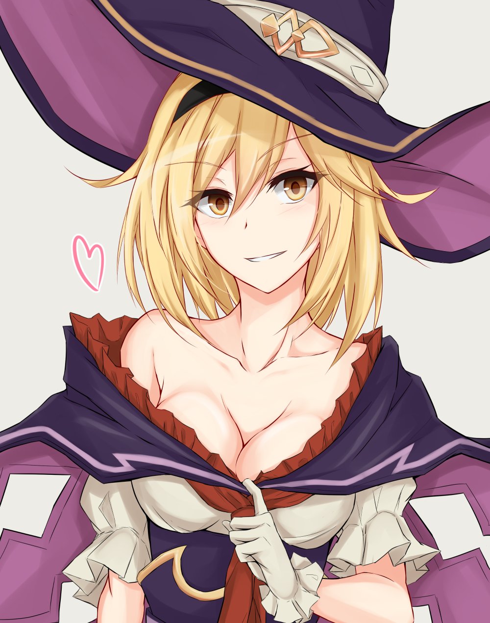 1girl black_hairband blonde_hair breasts cape cleavage collarbone djeeta_(granblue_fantasy) gloves granblue_fantasy hair_between_eyes hairband hat heart highres large_breasts looking_at_viewer off_shoulder parted_lips piro_(iiiiiiiiii) smile solo upper_body white_gloves witch_hat yellow_eyes